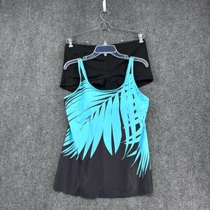 South Point Swimsuit Black Aqua Tropical Tankini Womens XL/12 Modest Bottoms